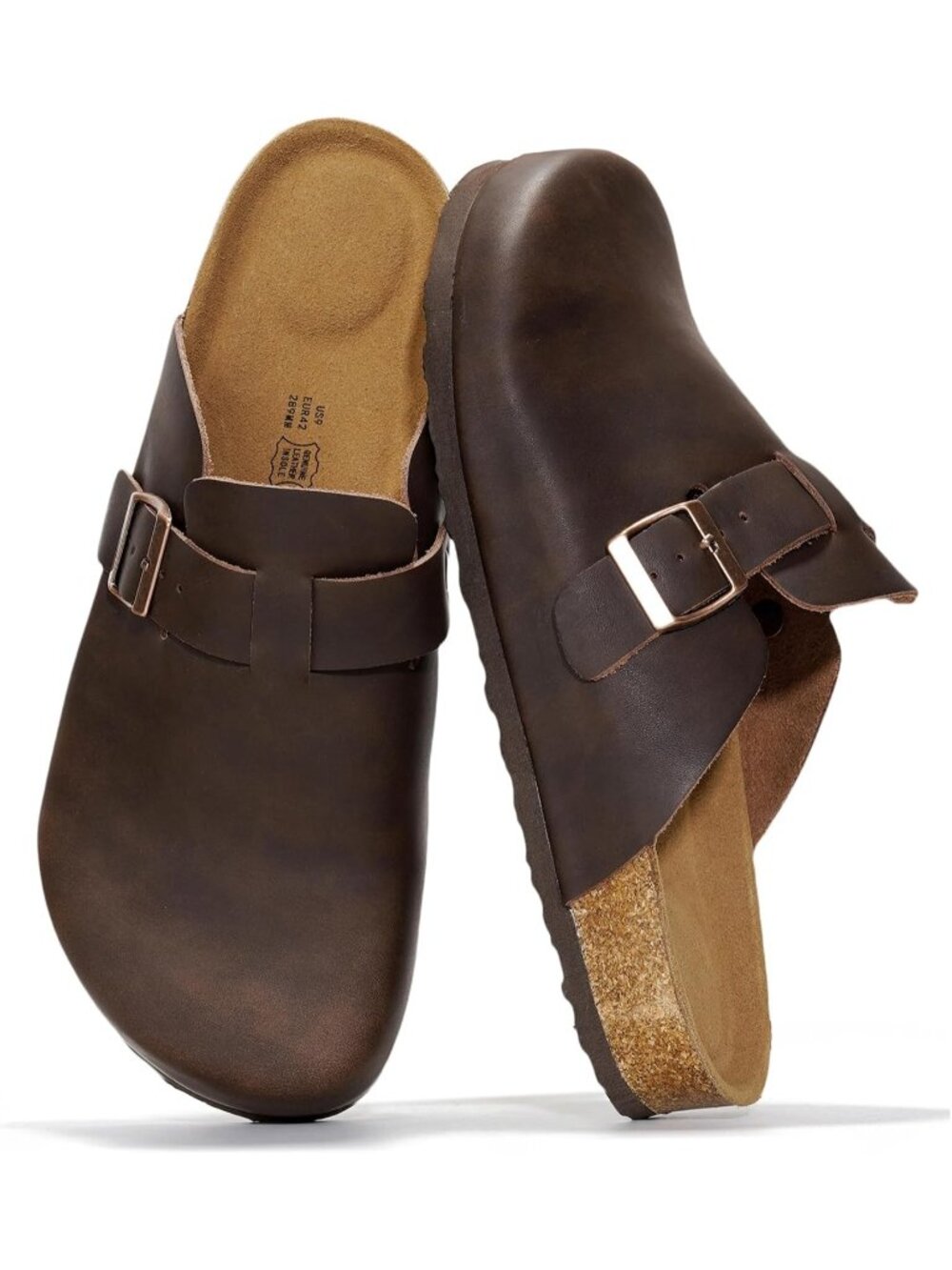 Mens Chocolate Suede Leather Full Grain Genuine Leather Buckle Closure Clogs